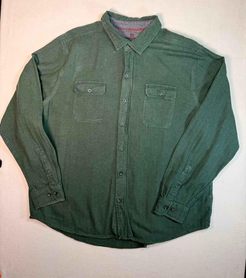 Woolrich Men’s XXL Green Herringbone Cotton Button Up Workwear Shirt 2XL